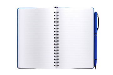 Top view of an open notebook with lined pages and a collection of pens positioned alongside it isolated on white background