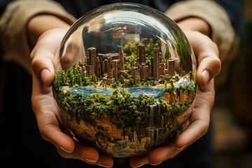 Someone holding a detailed miniature world within a glass sphere