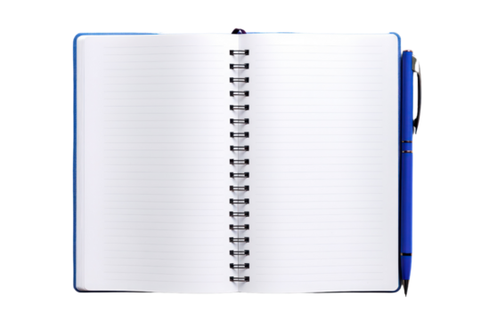 Top view of an open notebook with lined pages and a collection of pens positioned alongside it isolated on white background