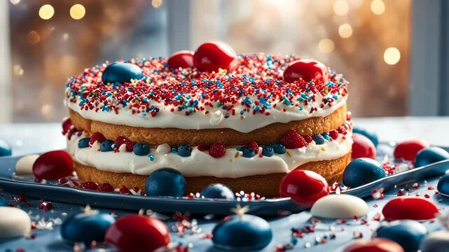 Red white and blue theme cake for Independence Day or American theme party food. Happy 4th of July concept
