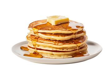 Stack of golden brown buttermilk pancakes topped with a pat of butter and a drizzle of maple syrup isolated on white background