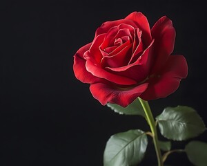 Fototapeta premium A vibrant red rose blooms against a dark black background