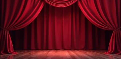 Fototapeta premium Deep red velvet drapes parting, revealing empty stage, velvet, setting