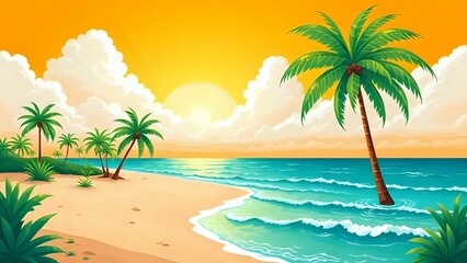 Obraz premium Cartoon illustration Tropical beach scene featuring swaying palm trees and a serene sea under a clear blue sky.