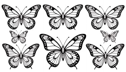Black and White Butterfly Line Art Illustration with Intricate Wing Patterns