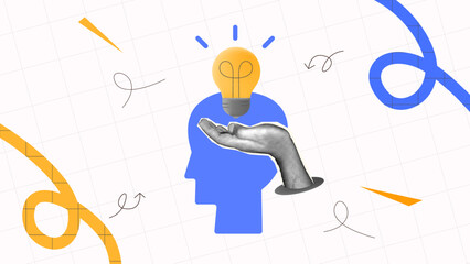 halftone collage, Creative idea with a lightbulb over a human head silhouette and hand gesture. innovation, brainstorming, creativity, and problem-solving