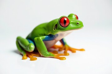 Obraz premium Single vibrant red-eyed tree frog against pure white, zoology, frog, specimen