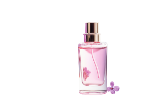 Lilac essential oil in a small amber glass bottle with a dropper, set against a crisp white background with scattered lilac petals