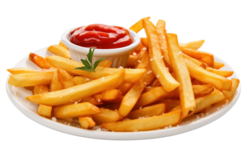 Golden-brown French fries seasoned with a blend of Cajun spices isolated on white background