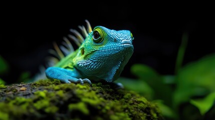 Fototapeta premium Vibrant blue and green lizard on mossy rock