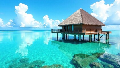 Overwater bungalow reflects in crystal clear lagoon, vibrant coral below , vacation, peaceful