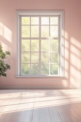 Fototapeta premium A spacious, empty room with soothing pastel tones and a large window that floods the space with warm daylight. The interplay of light and shadow adds depth.