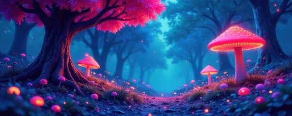 Vibrant anime trees, glowing mushrooms, whimsical path, painting, leaves, graphic