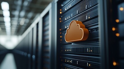 Orange cloud icon on server rack.