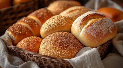 Assorted fresh bread rolls in wicker basket on cloth napkin