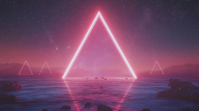 A pink triangle is lit up in the night sky. The triangle is surrounded by three other triangles. The scene is set in a body of water