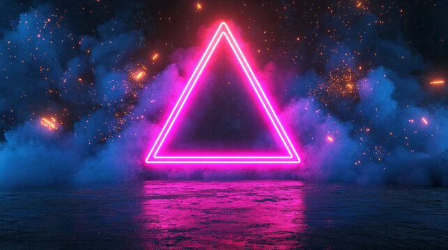 A neon pink triangle is lit up in the dark sky. The triangle is surrounded by a blue smokey background