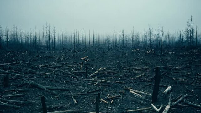 Zoom out video of a deforested landscape, cool ambient light, a vast forest of felled logs, stumps stretching to the horizon, close-up of wood grain