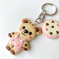 Cute bear and cookie keychain, playful design, charming decoration, isolated on white background