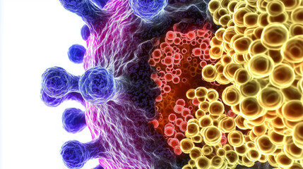 Apoptosis cell mechanism death pathway. Mitochondria biological. Signal regulation. Isolated apoptotic cell with vibrant fragmentation details in a clip.