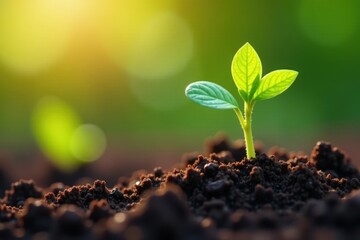 Tender green seedling sprouts emerge from rich soil, sunlight warming the earth , photography, seedling, plant growth