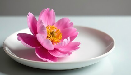 Fototapeta premium Single pink peony flower on white ceramic plate, ceramic, bloom