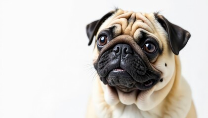 Single pug against pure white backdrop, showing wrinkles and expression , paws, canine