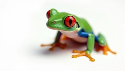 Single red-eyed tree frog on white, striking contrast, zoology, isolated frog