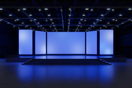 Empty stage Design for mockup and Corporate identity,Display.Platform elements in hall.Blank screen system for Graphic Resources.Scene event led night light staging.3d Background for online.3 render.