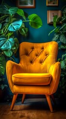 Yellow armchair with indoor plants, and teal wall.