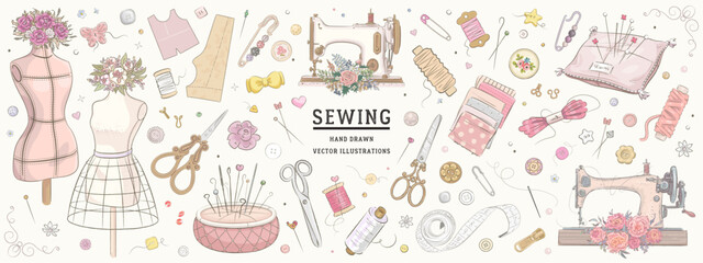 Vector hand drawn sewing retro set. Collection of highly detailed hand drawn sewing tools isolated on background