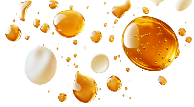 PNG, Honey Splash, set of levitating honey and milk drops, isolated on white background, created with Generative AI technology