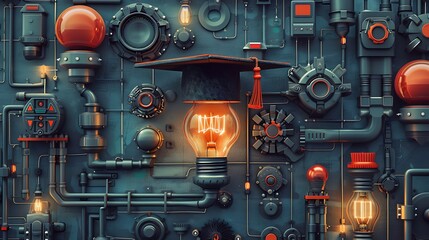 Steampunk Lightbulb with Graduation Cap on Pipes and Gears