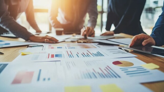 Meeting, ideas and happy with tablet, people and conversation for financial report and confident. Collaboration, teamwork and paperwork for corporate, talking and project for actuary and boardroom**
