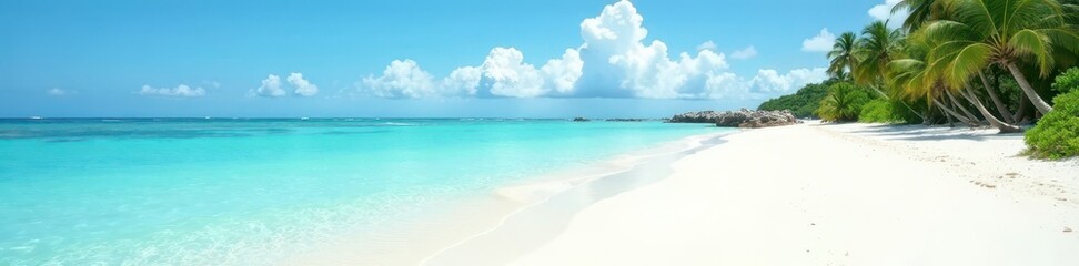 Obraz premium Fine white sand, clear water, distant green isle, pristine, shore, sand