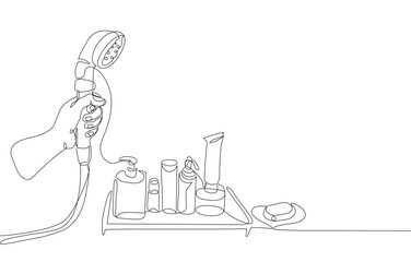 Minimalist continuous one line drawing of a hand holding a showerhead with various bath products on a tray. Simple bathroom concept for hygiene, self-care, and spa themes. Vector Editable stroke