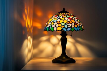 Colorful Tiffany lamp in corner, warm light, home interior, decorative object