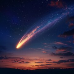 Night sky with a giant glowing comet streaking across, vibrant tail trailing through the stars, cosmic and majestic, photorealistic and dynamic