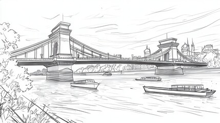 Obraz premium Sketch of a Historic Bridge Over a River with Boats and Scenic City Background in Black and White Line Art