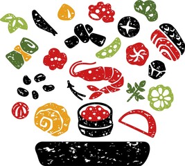 日本料理　おせち料理　お正月　版画　判子　シルエット　手描き　日本　和食　イラスト素材セット
