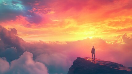 Silhouette of a person standing on a cliff, looking out at a colorful sunset over the mountains
