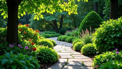 Obraz premium Stone pathway winding through garden, lush foliage , design, winding
