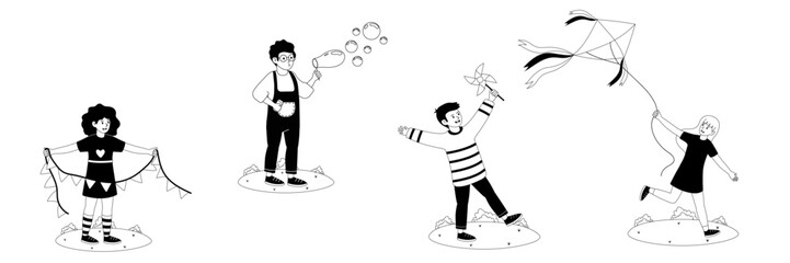 Children enjoy outdoor activities with kites and bubbles in a playful environment during spring