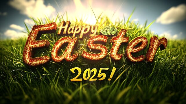 Happy Easter 2025 greeting in grassy field.