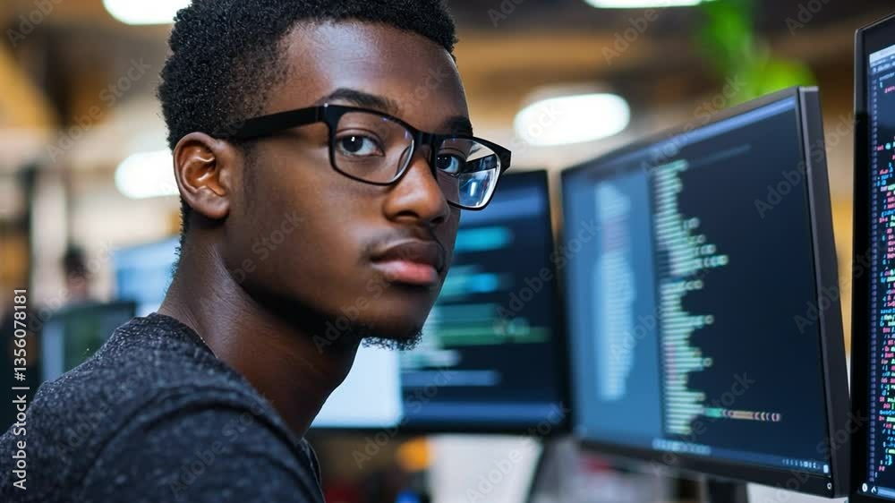 Poster focused programmer: a young programmer with glasses looks towards the viewer while working on his co