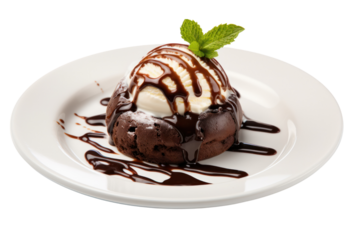 A Nutella lava cake topped with a scoop of vanilla ice cream and drizzled isolated on white background
