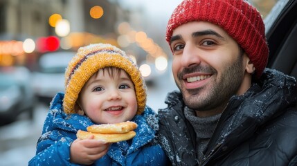 Cheerful father and son enjoying wafers on a snowy winter day, creating fond memories