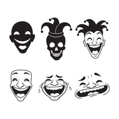 Laughing faces vector set, happy expression, joker, skull, cartoon, emotions art