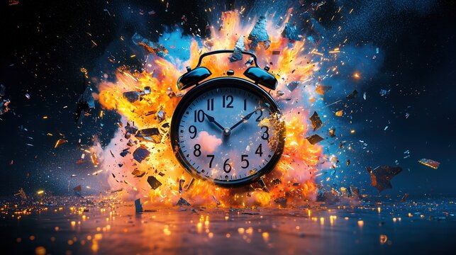 Exploding alarm clock with fiery blast symbolizing destruction of time, urgency, chaos, and time management crisis