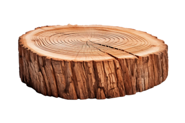 A freshly cut tree stump slice with prominent age rings and smooth brown wood grain, isolated on white background